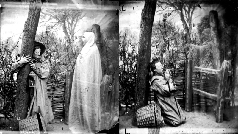 Two images of men confronting apparitions, circa the 1860s. (Photo by London Stereoscopic Company/Getty Images).